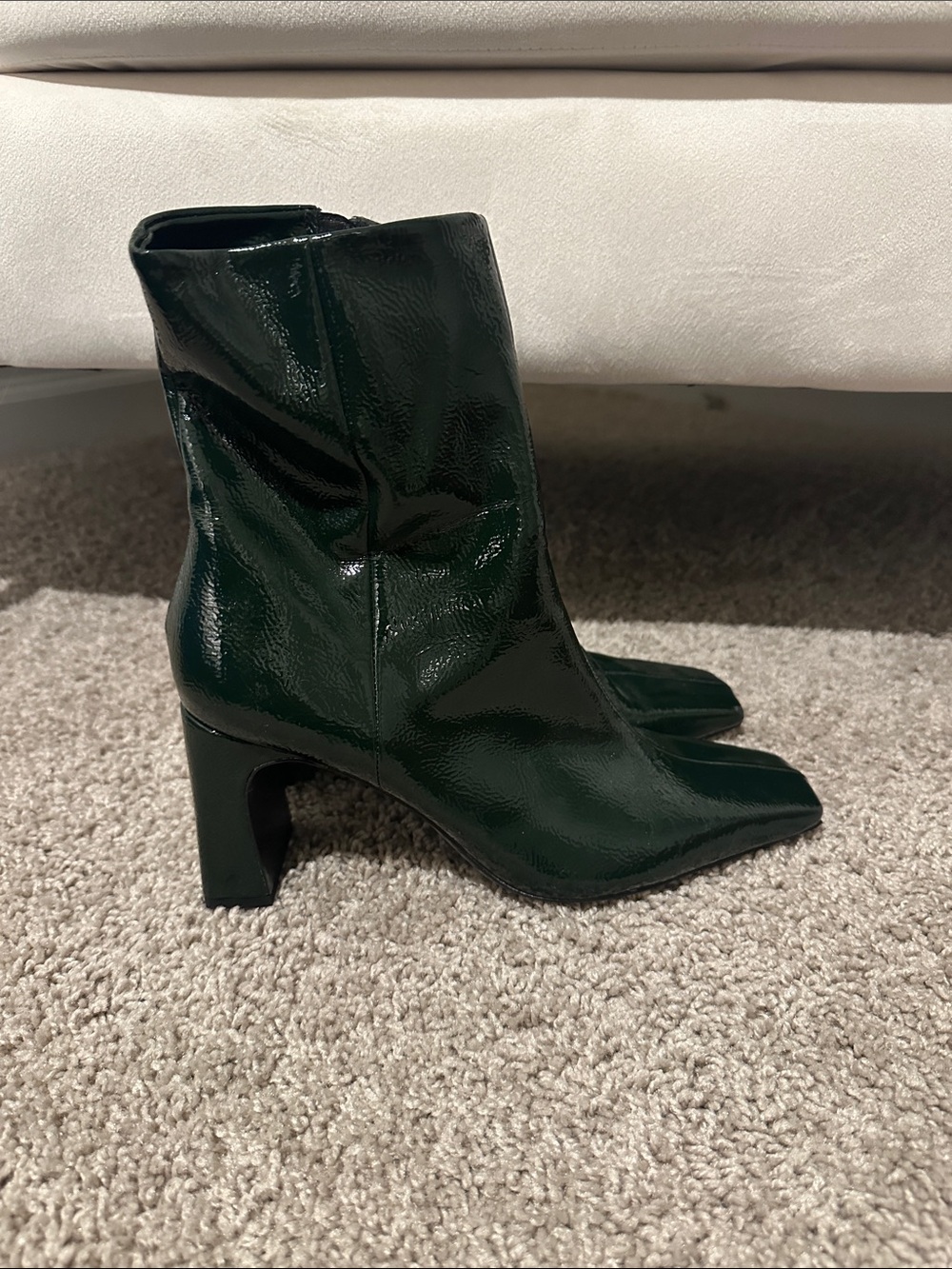 Patent Leather Pointed Toe Ankle Boots in Dark Green